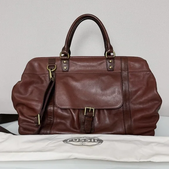 Fossil Mens Estate Brown/cognac Leather Weekender Travel Framed Duffle Bag - Picture 1 of 10